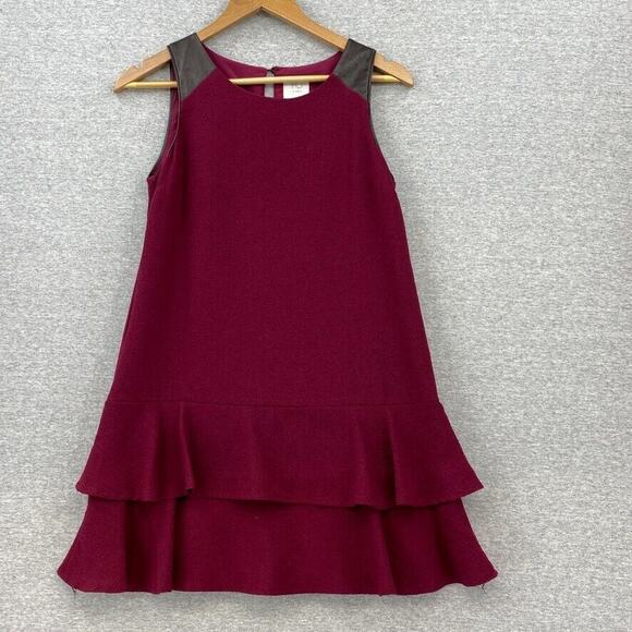 Anthropologie HD In Paris Dress Womens 0 Petite Burgundy Leather Trim Peplum - Picture 1 of 15